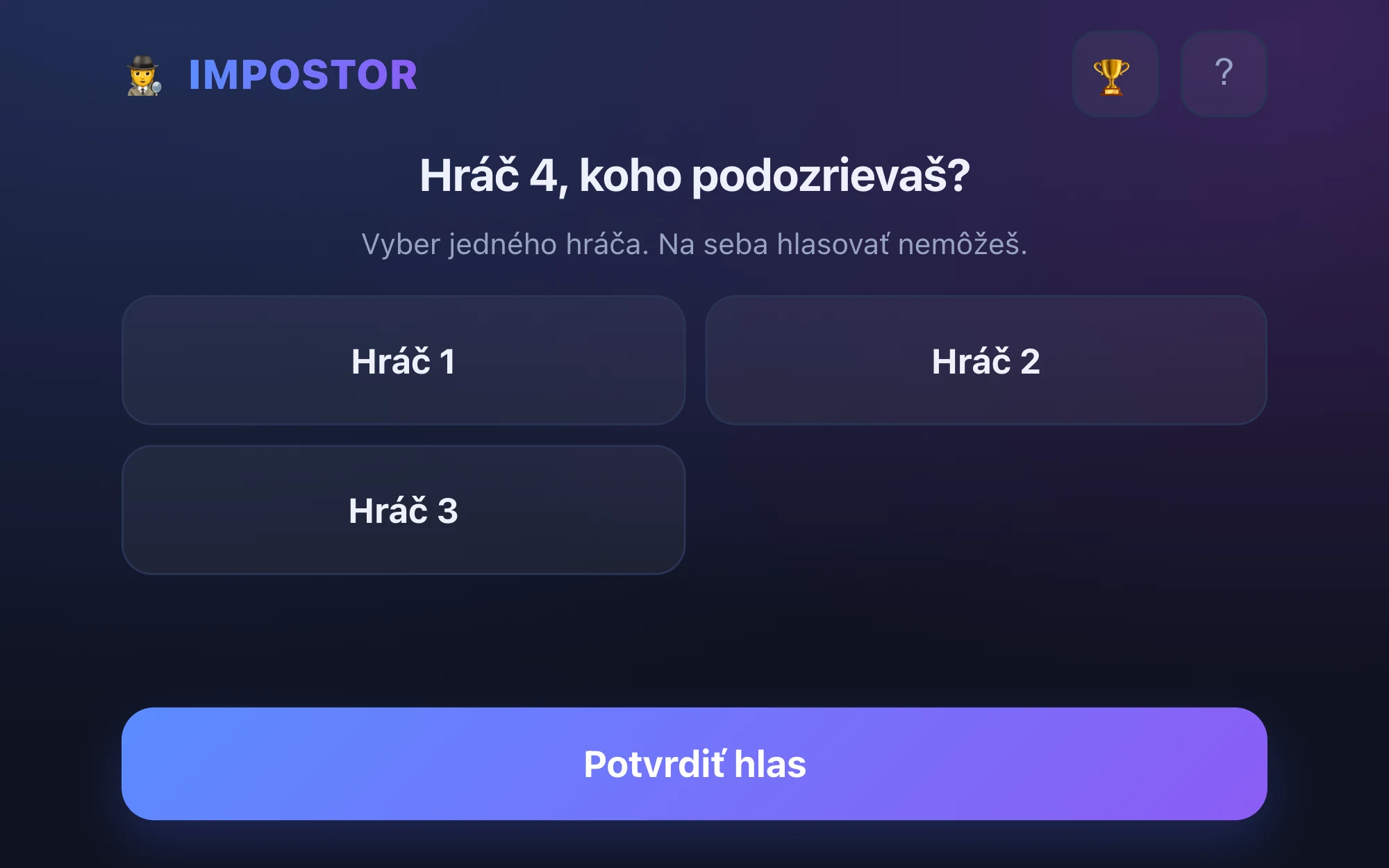 Obrazovka hlasovania s otázkou, koho hráč podozrieva.