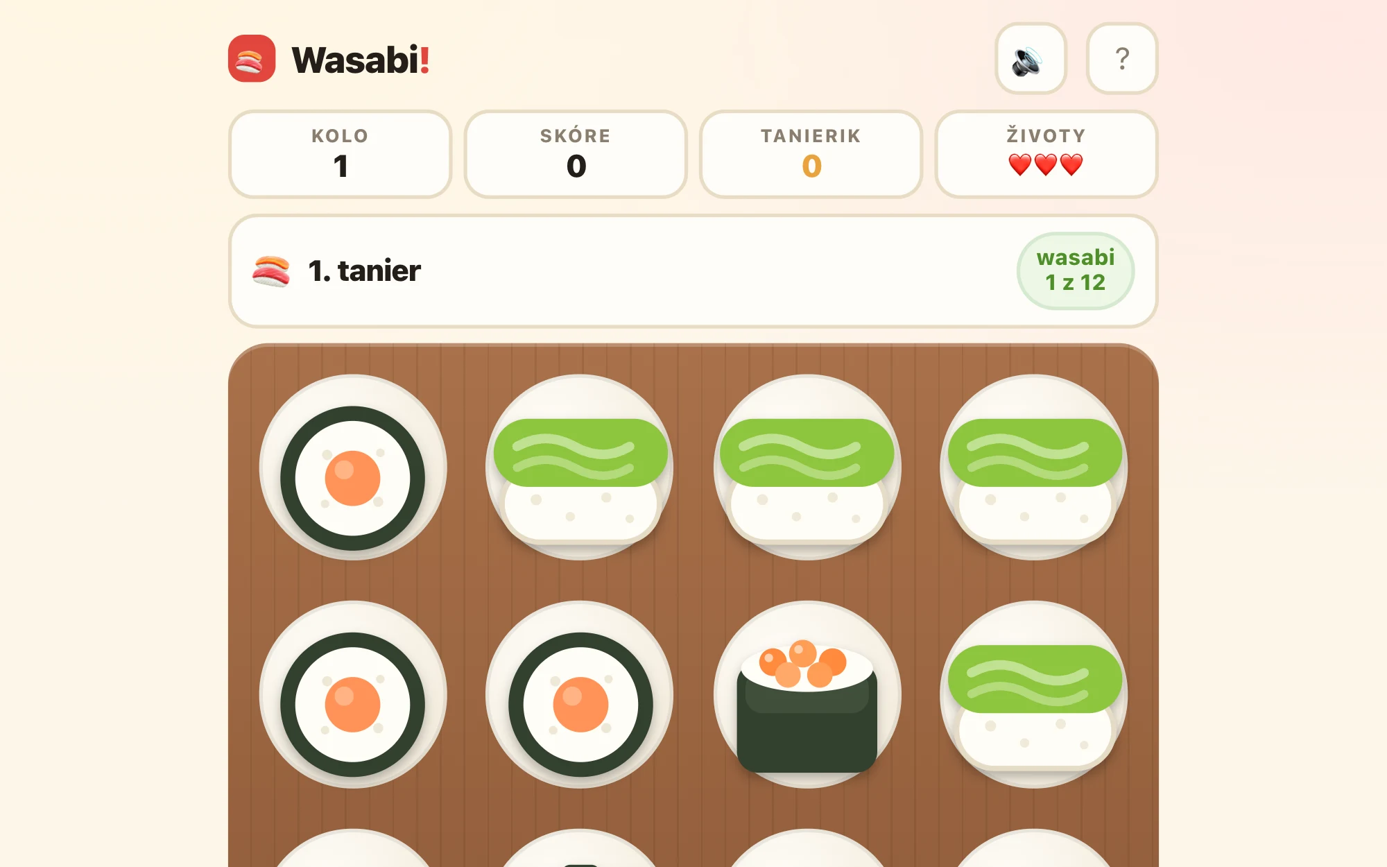 Drevený tanier s dvanástimi kúskami sushi, jeden z nich je zelené wasabi.
